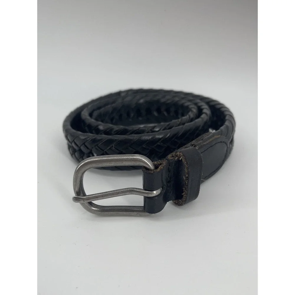 Girls Black Braided Leather Belt Size‎ M Youth Woven Casual Silver Buckle